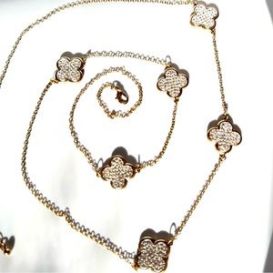 36” Long Pave Set Rhinestones in Faux Gold Clovers (6) Necklace